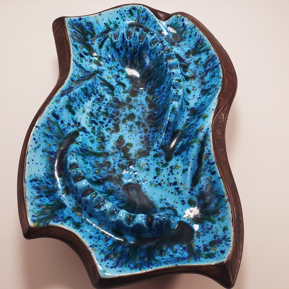 Vintage Ashtray Mid Century Modern Ceramic Pottery Blue Drip Glazed Handmade - Picture 4 of 11